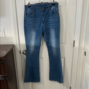 Kunmi Stylish Blue Flare Women's Jeans Distressed, Size 14